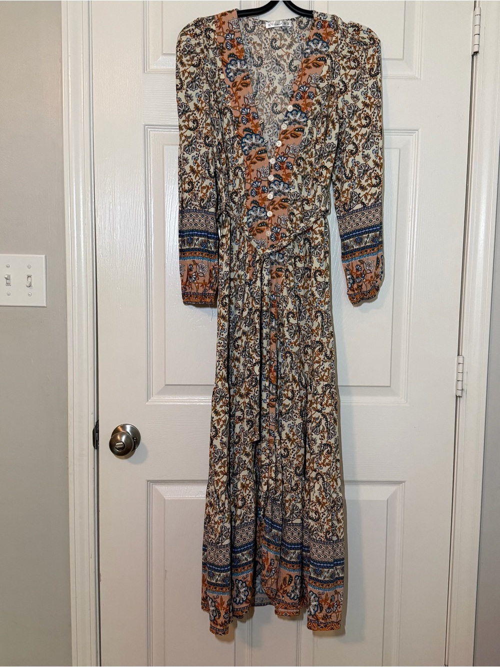 Floral V-Neck Maxi Dress in Rust, Blue, Cream